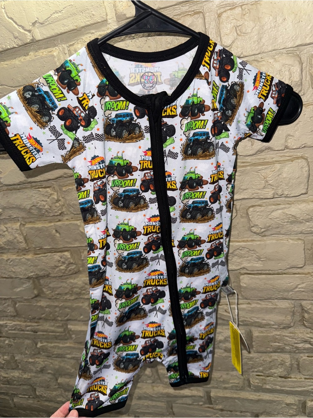 BAMBOO White Monster Truck Print One-Piece Bodysuit with Black Trim